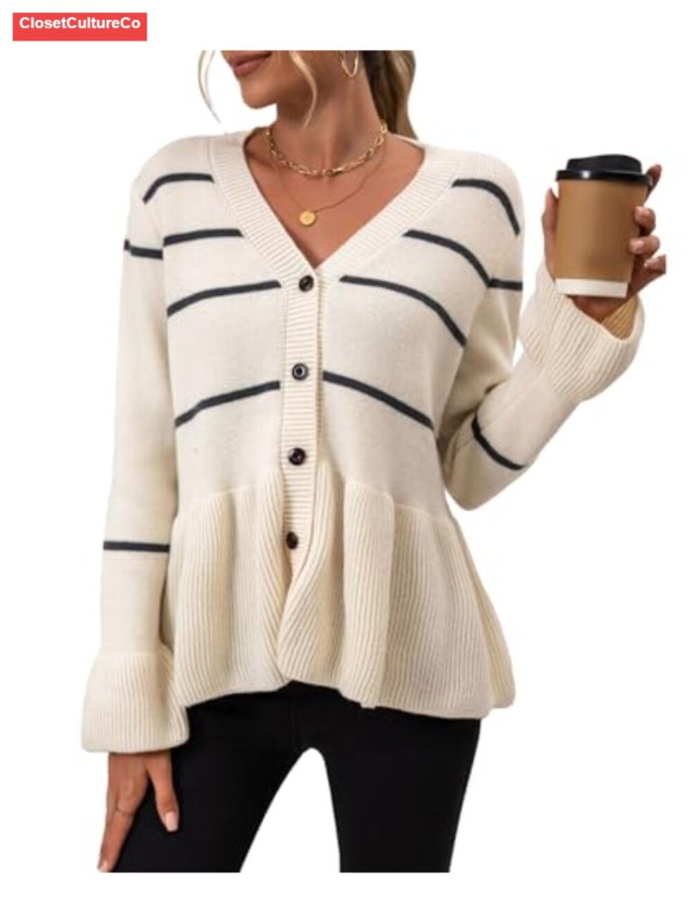 Striped Button Down Peplum Cardigan V Neck Ruffle Long Sleeve Knit Sweater
